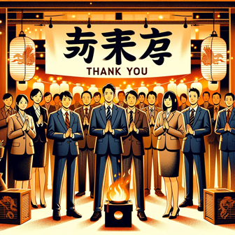 DALL·E 2023-12-01 08.16.22 - Illustration for a year-end greeting card with a business theme, focusing on Japanese culture. The image depicts a group of Japanese professionals, bo